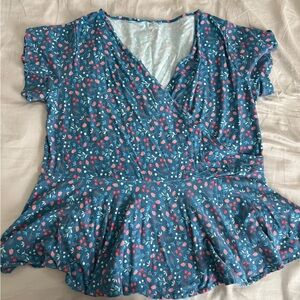 Floral Blue Peplum Top with Pink and White Accents